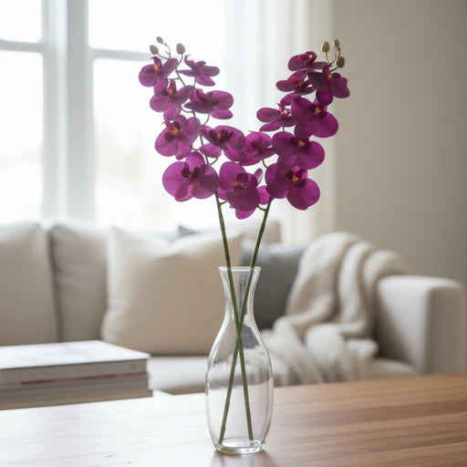 Purple orchid flowers on a table in a living room.