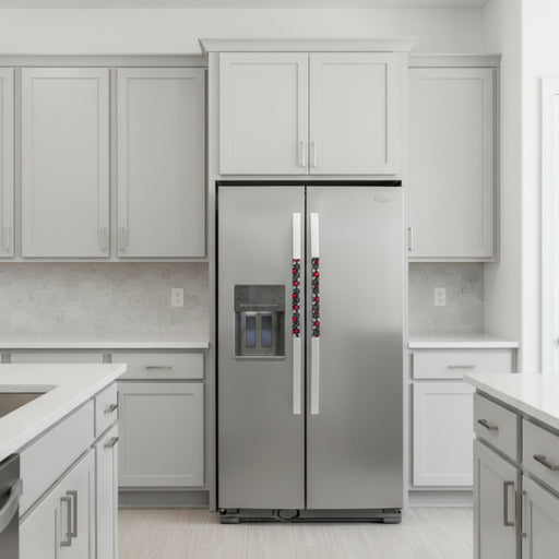 Red and white hearts on black Valentine-themed appliance handle covers on refrigerator