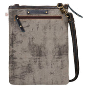 Repurposed canvas crossbody bag with leather accents and zipper pocket for added style and functionality.