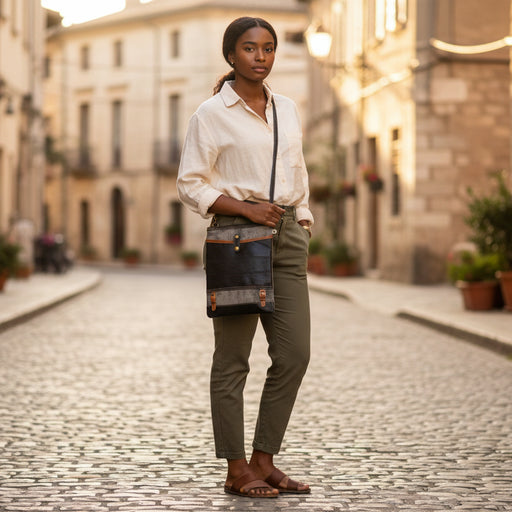 Repurposed canvas crossbody bag featuring leather accents and adjustable strap, ideal for stylish and sustainable fashion.