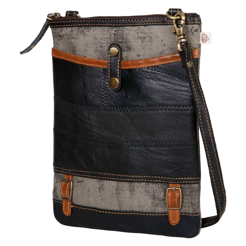 Repurposed canvas crossbody bag made from upcycled materials, featuring zipper top and leather accents for style and durability.