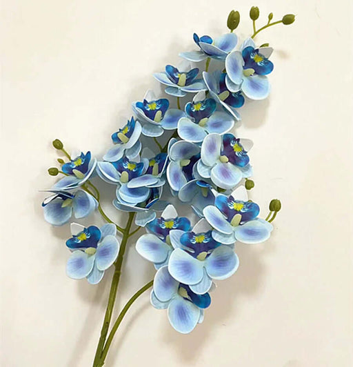 Latex Butterfly Orchid Stem with blue flowers and green buds, ideal for home decor and vase arrangements.
