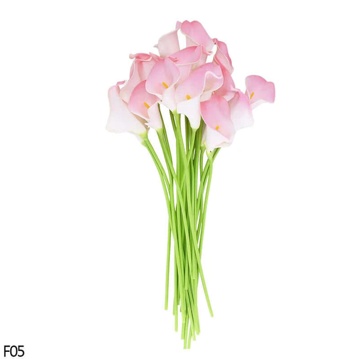 Bunch of 10 real-touch pink calla lily artificial flowers, perfect for home decor and events.