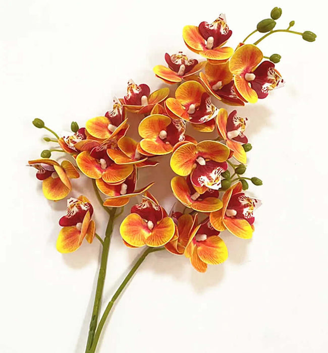 Latex butterfly orchid stem with 21 realistic orange and yellow flower heads for home decor.