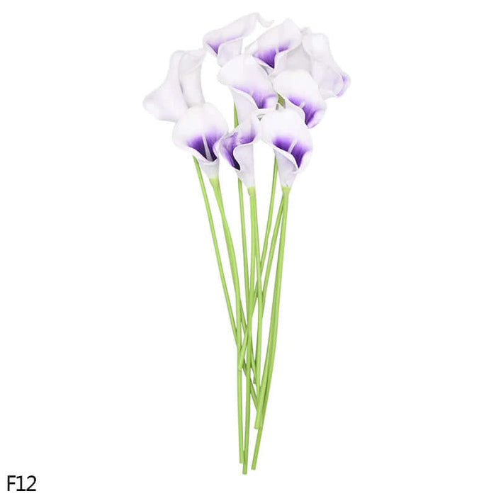 Bunch of 10 lilac real-touch calla lily artificial flowers on green stems for home decor and events.