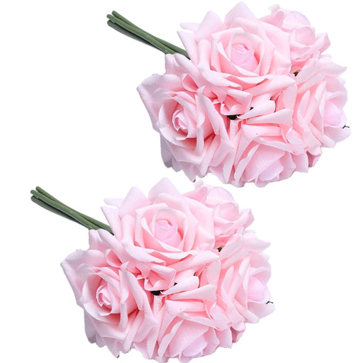 Bunch of pink latex-coated faux silk roses with curly petals and short stems for home decor.