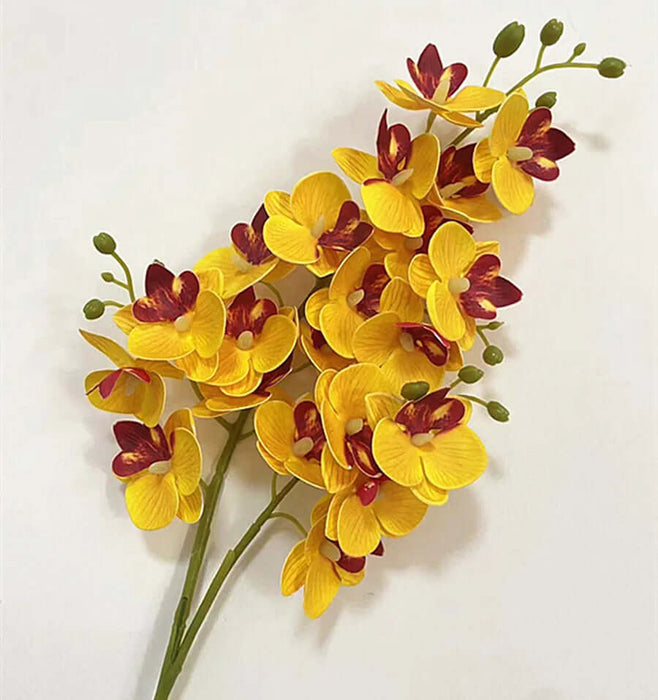 Yellow and red artificial Phalaenopsis orchid stem with 21 realistic flower heads for home decor.