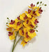 Yellow and red artificial Phalaenopsis orchid stem with 21 realistic flower heads for home decor.