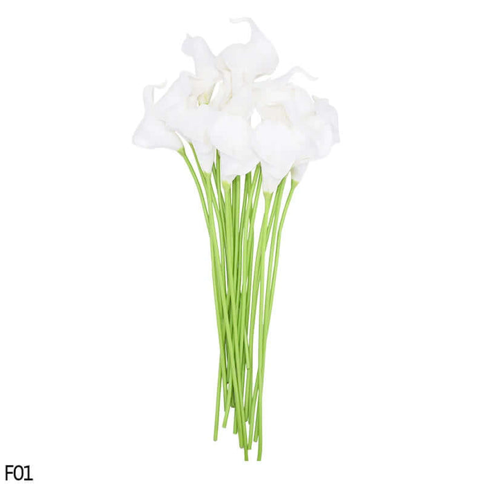 Bunch of 10 white real-touch calla lily artificial flowers on green stems for home decor and events.