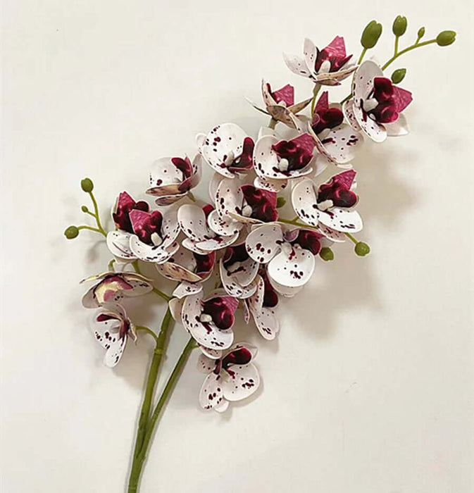 Latex Butterfly Orchid Stem with 21 realistic flower heads in white and pink, ideal for home decor arrangements.