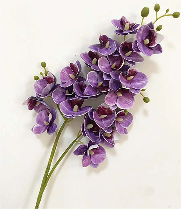 Latex Butterfly Orchid Stem with 21 realistic purple flower heads for home decor.