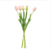 Soft silicone artificial tulip bouquet featuring pink tulips and green leaves, perfect for home decor and events.