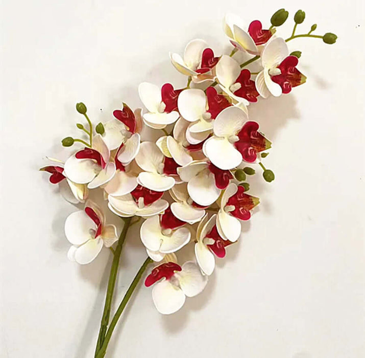 Latex Butterfly Orchid Stem with 21 realistic white and red flower heads for home decor.