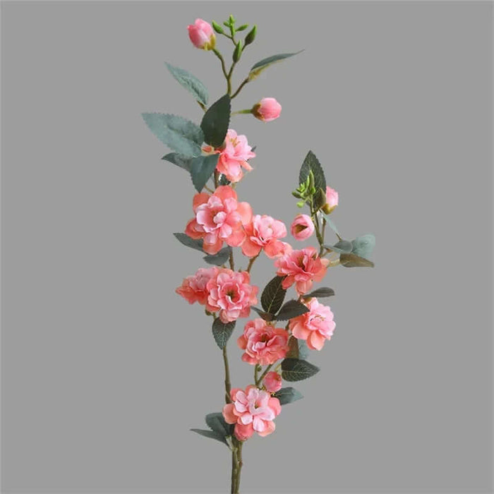 Artificial Camellia tall stem with pink flowers and green leaves, perfect for home decor or events.