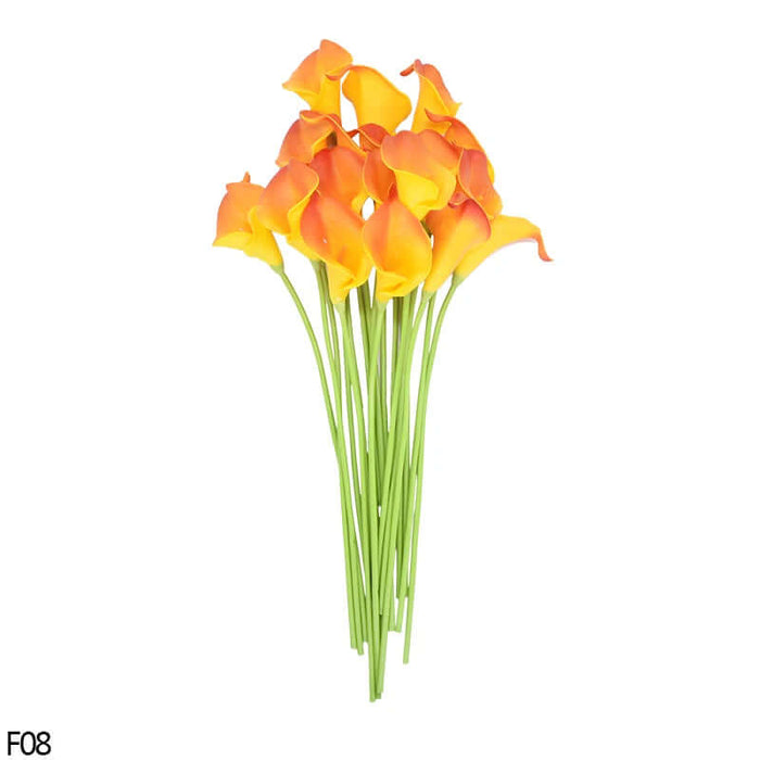 Real-touch artificial calla lily flowers in vibrant orange and yellow, 10 pcs arranged for elegant decor and events.