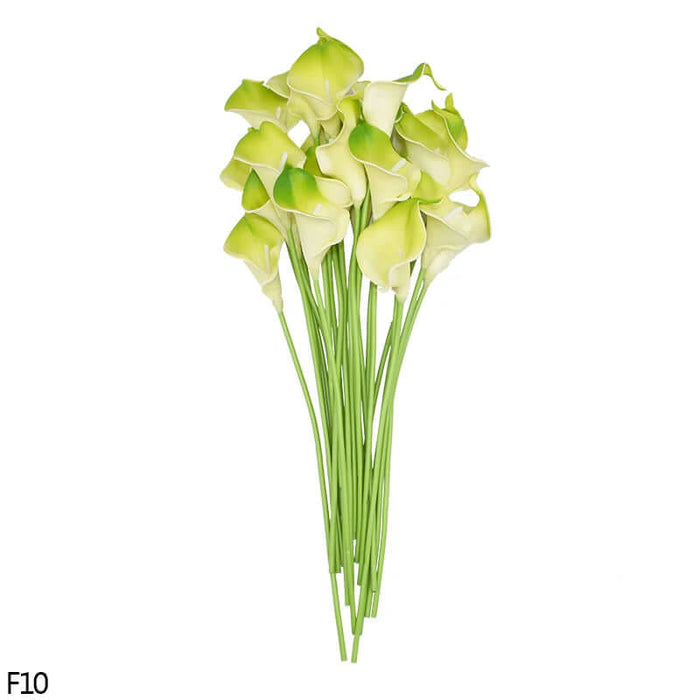 10-piece bunch of real-touch calla lily artificial flowers in soft green and white, perfect for home decor and events.