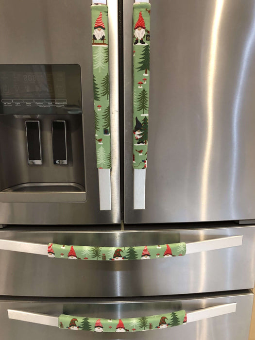 Gnomes on The Green Christmas Appliance Handle Covers on refrigerator handles in festive green and red design.