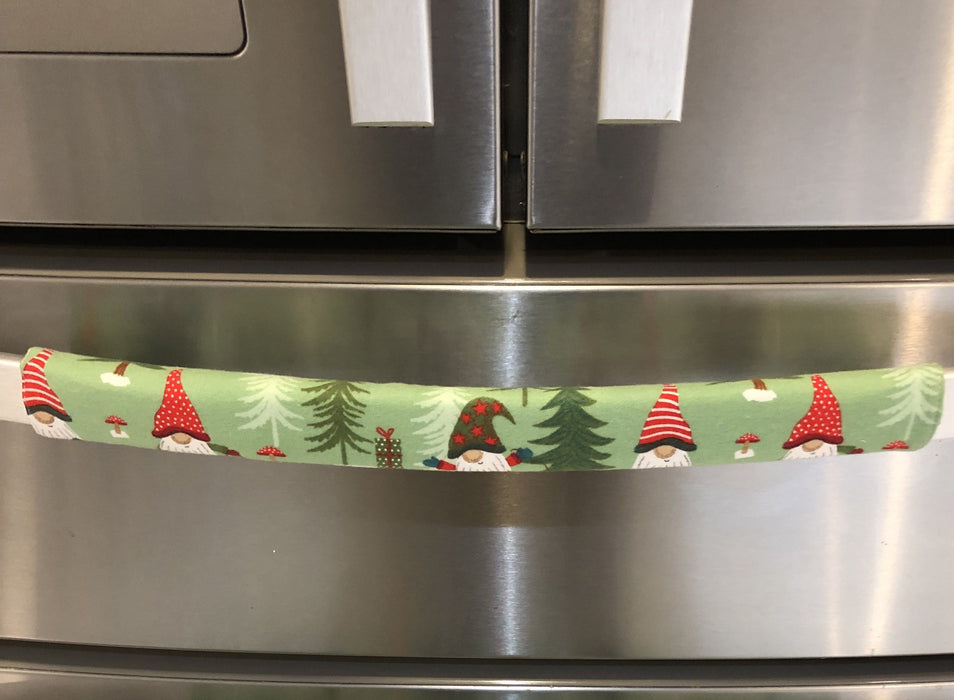 Gnomes on The Green Christmas Appliance Handle Covers in a festive kitchen setting.