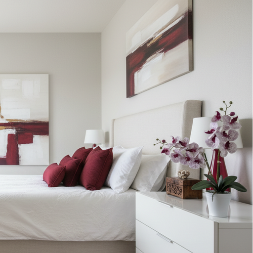 Faux Potted orchid with white and wine colored flowers on a white surface against a gray wall.