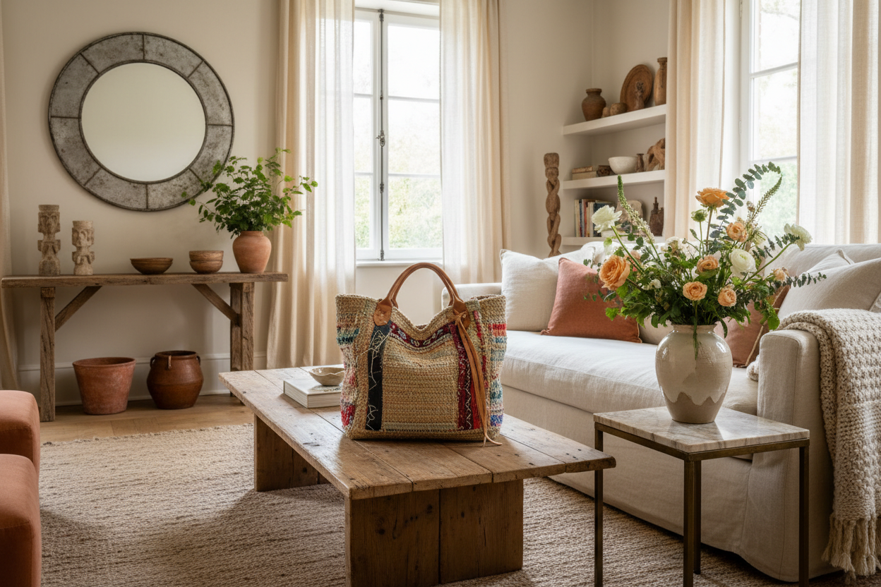 A living room with one upcycled bag on the center table, one vase with flowers on the side table and accent pieces.