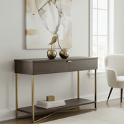Brass Metal Table-Top Cherries on an elegant console table with a modern design and artistic wall decor.