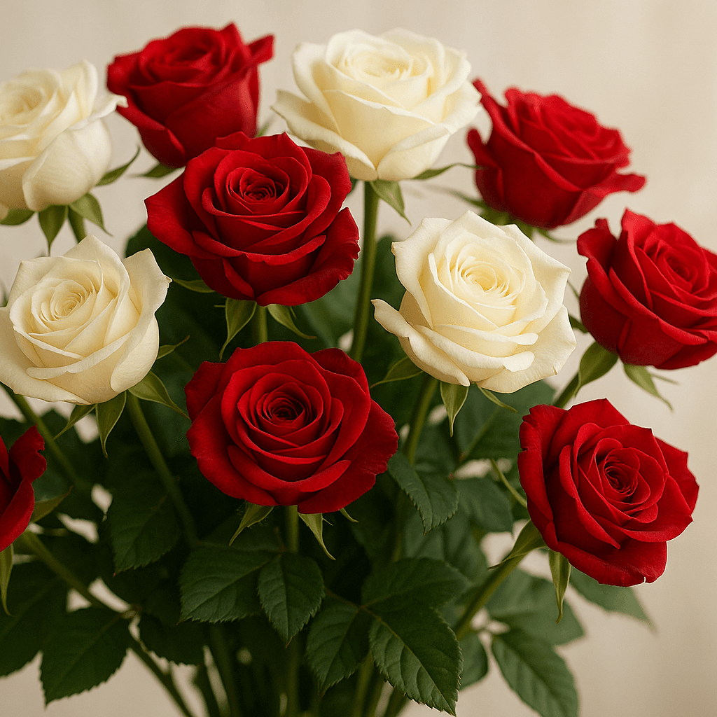 Bunch of Red and white roses