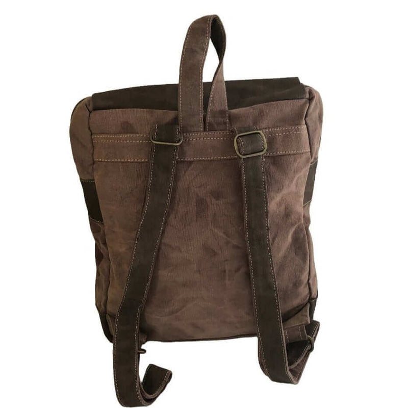 Stylish canvas and leather backpack showcasing spacious design and adjustable straps, perfect for work and outdoor activities.