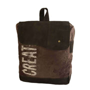 Stylish canvas and leather backpack with the word 'CREATE' printed on the front, perfect for unisex use.