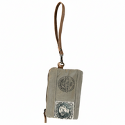 Upcycled military canvas wristlet pouch with stamp print, full product view on neutral background.
