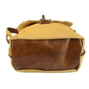 Eco-friendly canvas leather flap shoulder bag base view showcasing genuine leather trim and durable canvas.