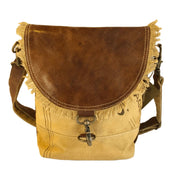 Eco-friendly canvas leather flap shoulder bag with genuine leather trim and rustic style.