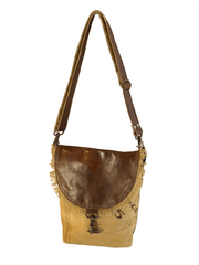 Eco-friendly canvas leather flap shoulder bag with genuine leather trim and zippered back pocket.