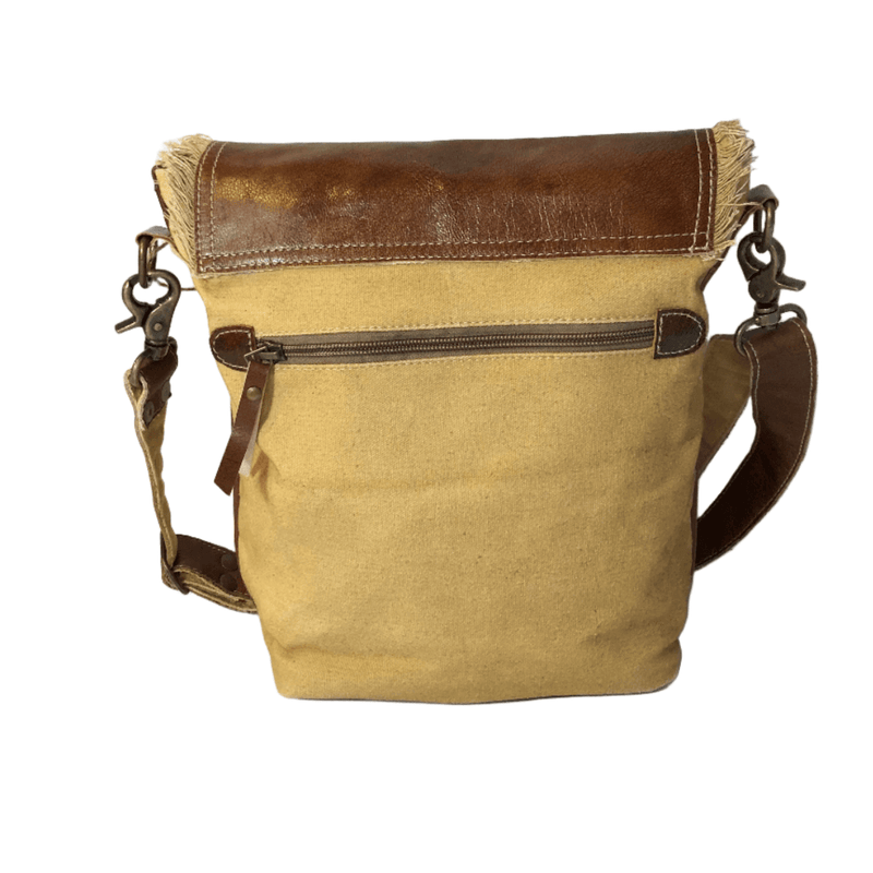 Eco-friendly canvas leather flap shoulder bag with a zippered back pocket and genuine leather trim.