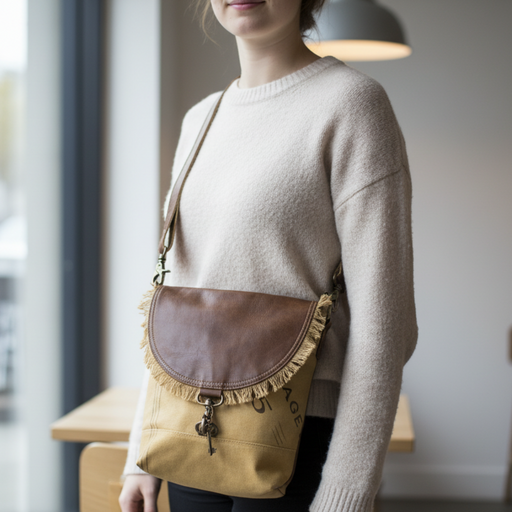 Eco-friendly Canvas Leather Flap Shoulder Bag with adjustable strap and leather flap, showcasing rustic charm and practicality.
