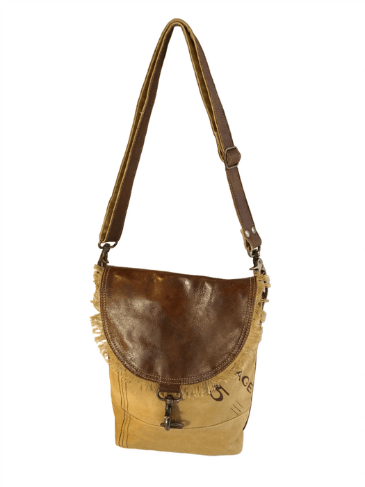 Eco-friendly canvas leather flap shoulder bag with genuine leather trim and zippered back pocket.