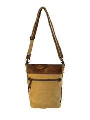 Eco-friendly canvas leather flap shoulder bag in brown and beige with adjustable strap and zippered back pocket.