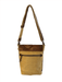 Eco-friendly canvas leather flap shoulder bag in brown and beige with adjustable strap and zippered back pocket.