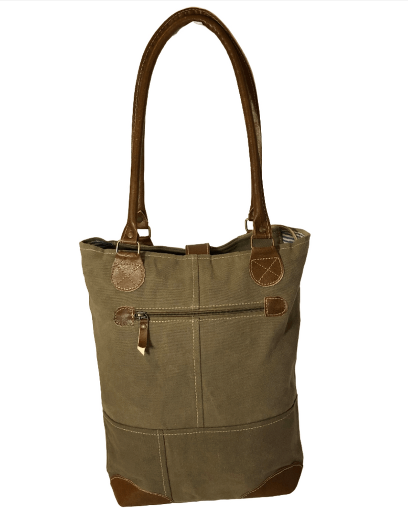 Eco-friendly Cape Breton tote bag in olive green with leather accents and practical pockets.
