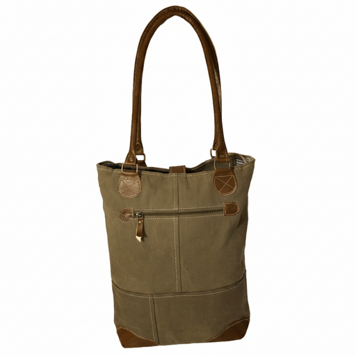 Eco-Friendly Cape Breton Tote Bag with Star featuring a unique patchwork design and leather accents.