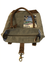 Eco-Friendly Cape Breton Tote Bag with leather star and unique patchwork design, showcasing rustic charm.