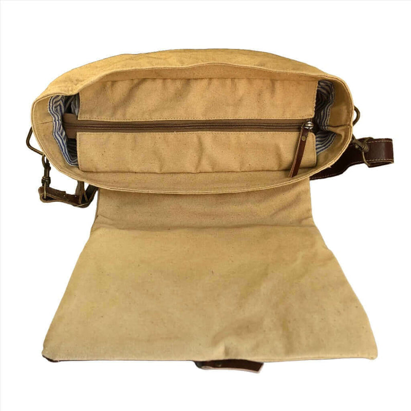 Eco-friendly messenger bag showing top closure view.