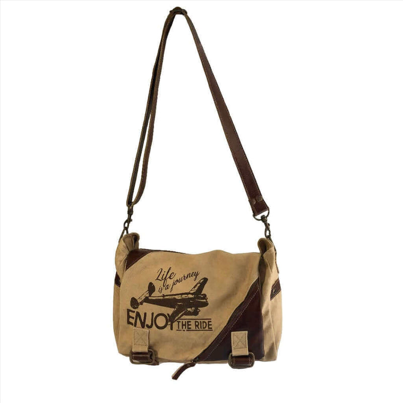 Eco-friendly messenger bag ENJOY THE RIDE with sturdy canvas and leather features, perfect for on-the-go use.