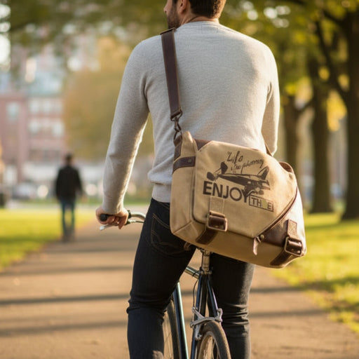 Eco-Friendly Messenger Bag ENJOY THE RIDE with upcycled canvas and genuine leather for stylish travel.