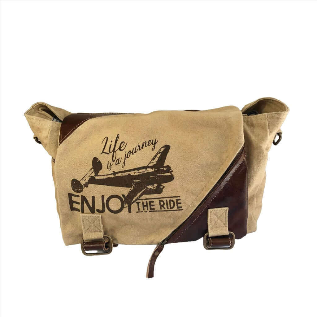 Eco-friendly messenger bag with printed design 'Life is a journey ENJOY THE RIDE', sturdy canvas and leather.