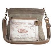Eco-Friendly Shoulder Bag Chateau Margaux featuring upcycled canvas and leather with functional pockets and adjustable strap.