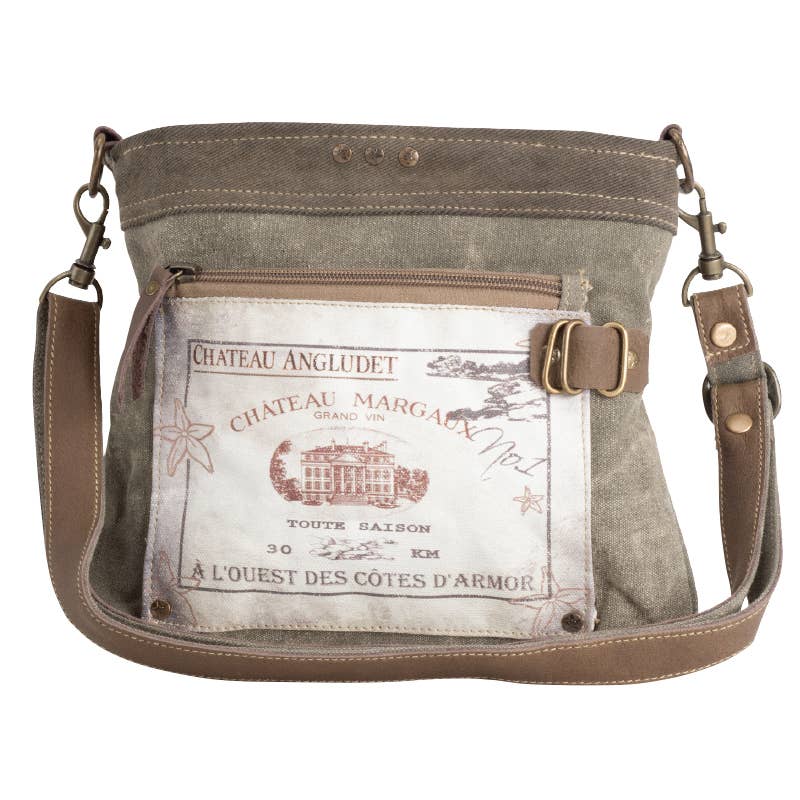 Eco-Friendly Shoulder Bag Chateau Margaux featuring upcycled canvas and leather with functional pockets and adjustable strap.