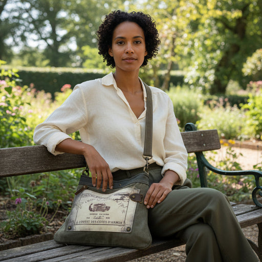 Eco-Friendly Shoulder Bag Chateau Margaux featuring upcycled canvas and leather design with sophisticated vintage print.