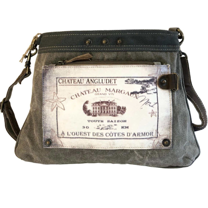 Eco-friendly shoulder bag Chateau Margaux with upcycled canvas and leather, featuring a rustic design and adjustable strap.