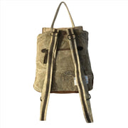 Eco-friendly canvas backpack made from upcycled materials, featuring adjustable straps and a stylish design.