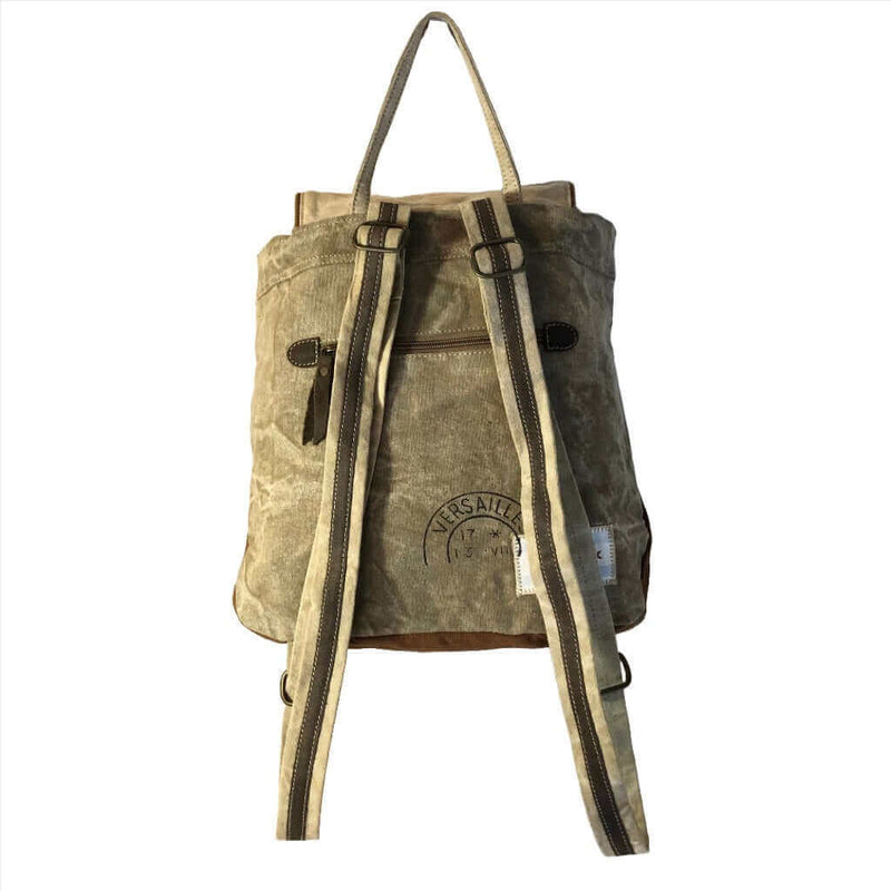 Eco-friendly canvas backpack made from upcycled materials, featuring adjustable straps and a stylish design.